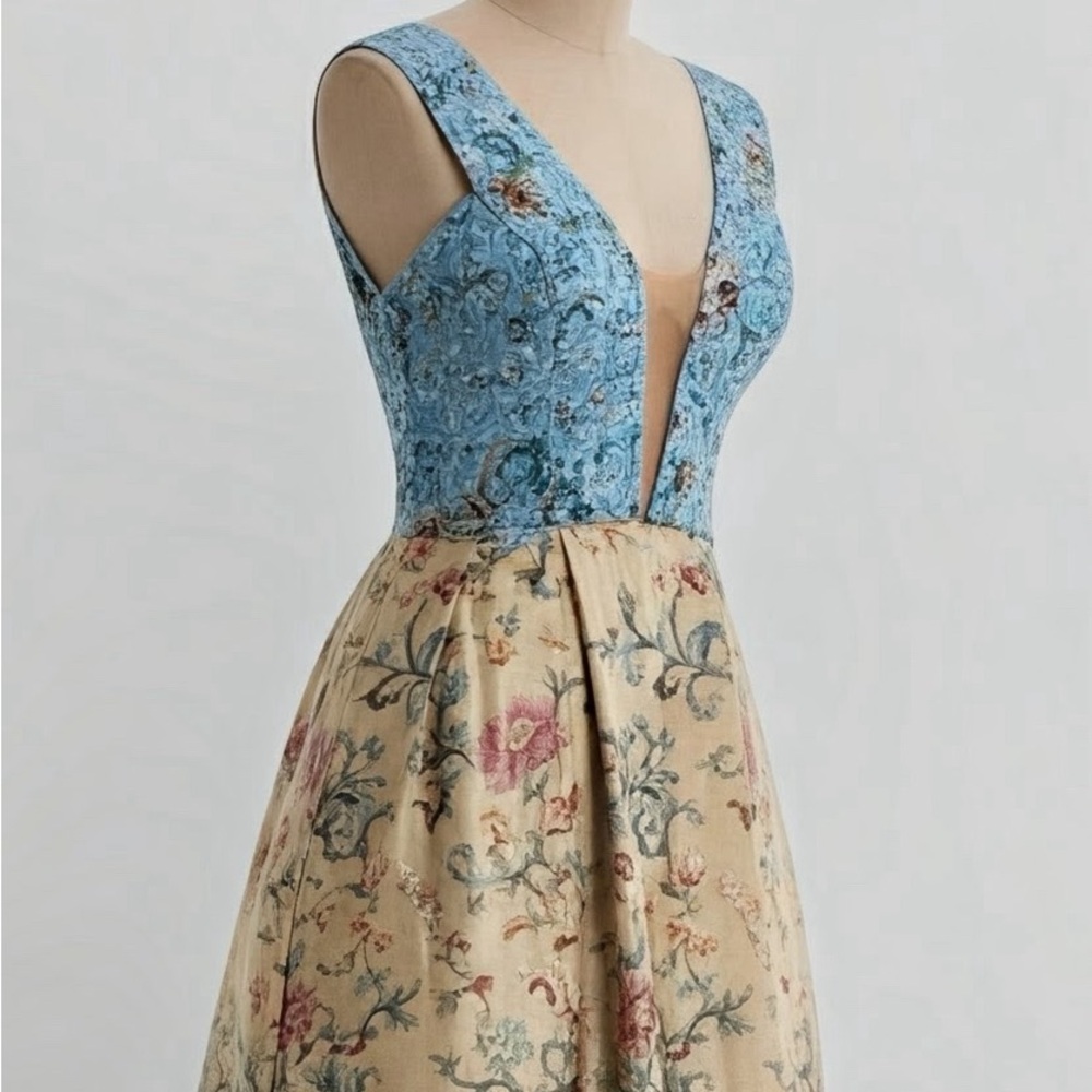 Sherri Hill Blue and Cream Floral Maxi Dress